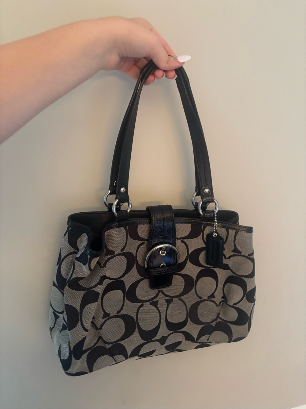 Coach Black and Beige Signature Shoulder Tote